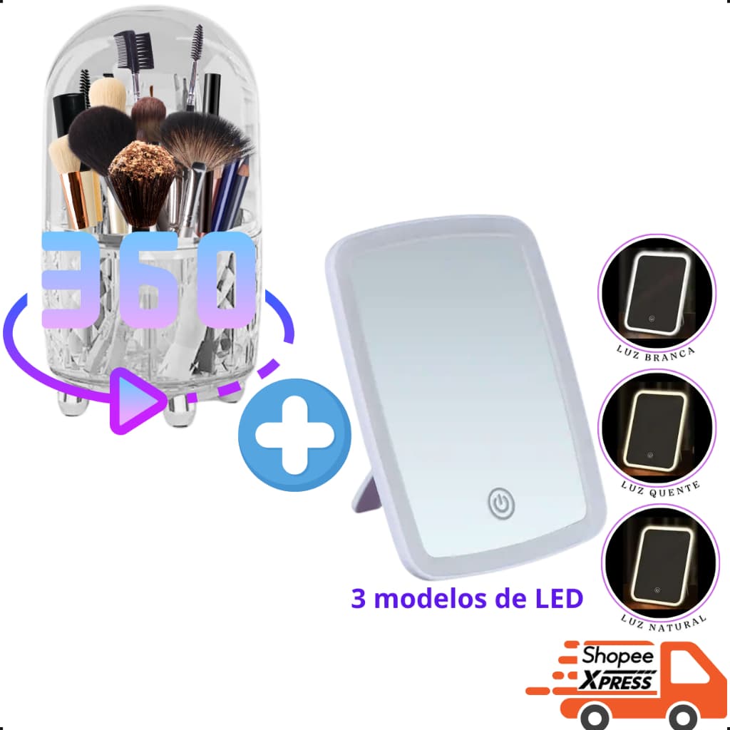 Espelho com LED Maquiagem  e/ou Organizador de Pinceis de Maquiagem Giratório 360° X-MATTE