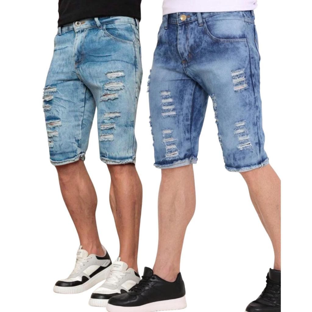 Kit 2 Bermuda Masculina jeans rasgada lisa com lycra Slim Premium