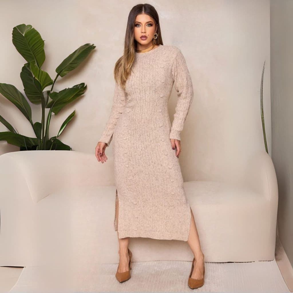Vestido Inverno Feminino Mídi Tricot Mousse Manga Longa Gola Redonda Fendas Laterais Elegante Trico