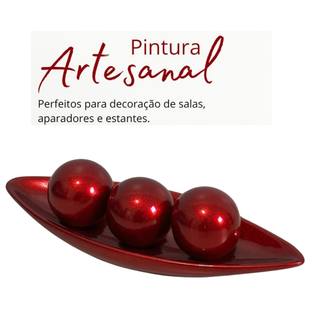 Enfeite Barca Pequena com Trio de Bolas Esferas em Cerâmica Decoração Casa Cozinha Aparador Rack