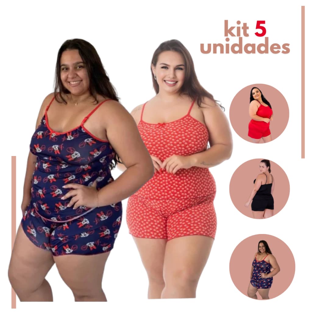 Kit com 5  Baby Doll Plus Size ESTAMPADO com Alça Reguladora Conjunto Feminino Pijama Estampado Fresquinho