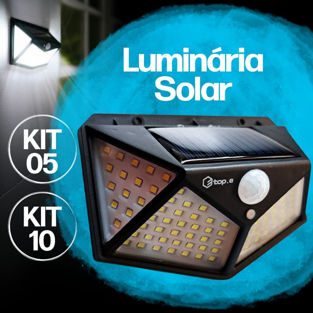 Kit 10 ou 5 Luminária Solar Led Parede Sensor Balizador Arandela 20W Luz Branca 100Leds Prova d'água