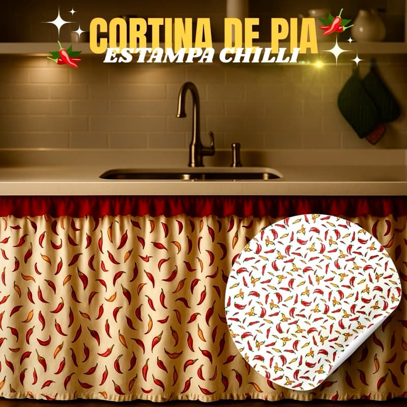 Cortina de Pia Elegante Edição Chilli para Cozinha Estampa Pimenta Balcão Tanque 2,80 Metros por 80 cm de Altura