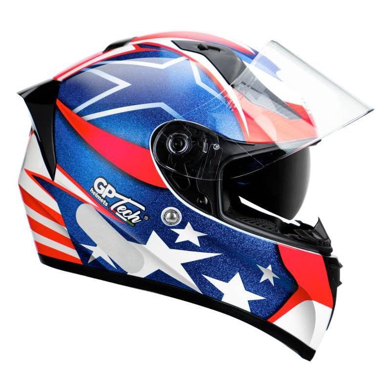 CAPACETE DE MOTO GP TECH V128 USA VISEIRA INTERNA OCULOS DE SOL INTERNO CASCO ABS AZUL E VERMELHO 61