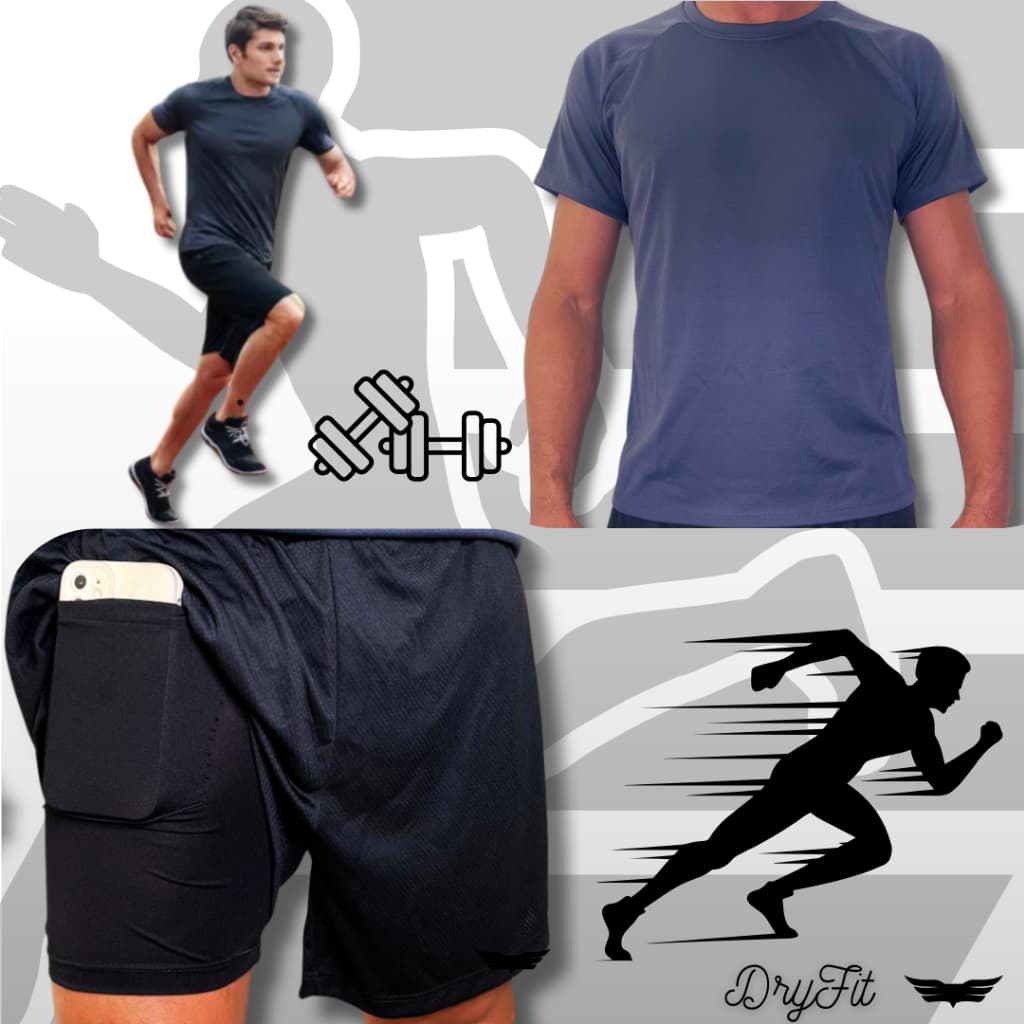 Kit Camiseta + Bermuda Dryfit Compressão Para Corrida Treino Academia Confortavel Bolso, Respiravel