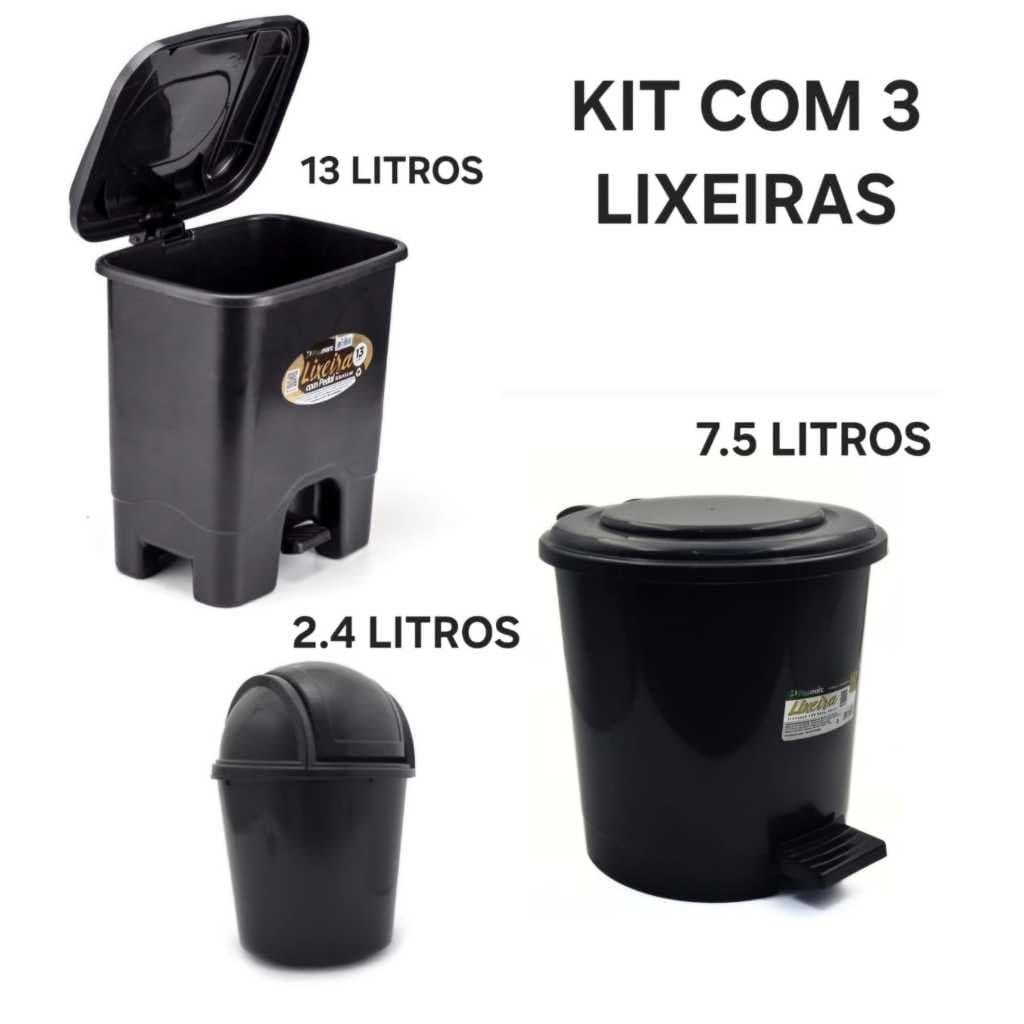 Kit 3 Lixeiras Cozinha Banheiro 7,5 Litros Redonda+ 1 Lixeira Pia 2,4 Litros + 1 Lixeira 13 Litros Quadrada Modernas