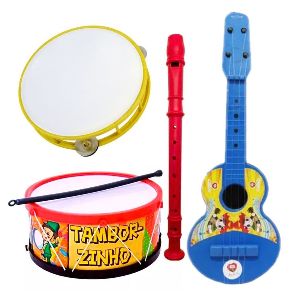 Kit Musical Infantil Brinquedo Viola + Pandeiro + 3 Peças