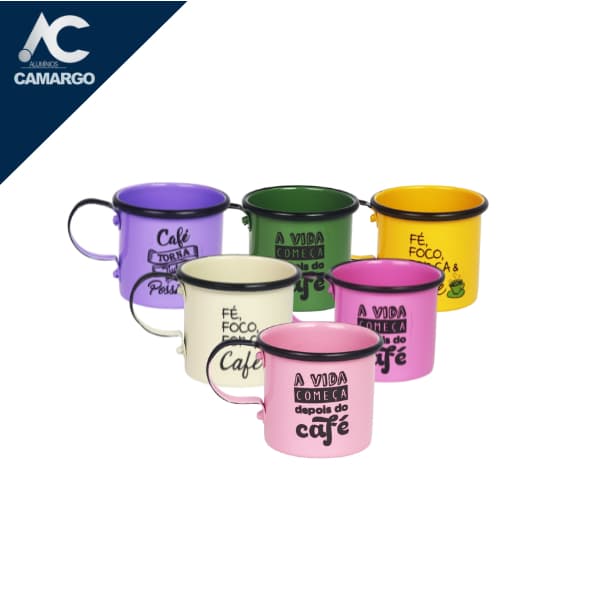 Kit mini canecas alumínio 150 ml com adesivo café cores variadas
