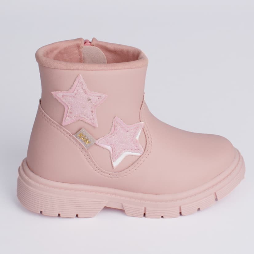 Bota Coturno Infantil Kidy Menina Cano Curto Estrela Rosa Nude Tratorado Confortável Baby