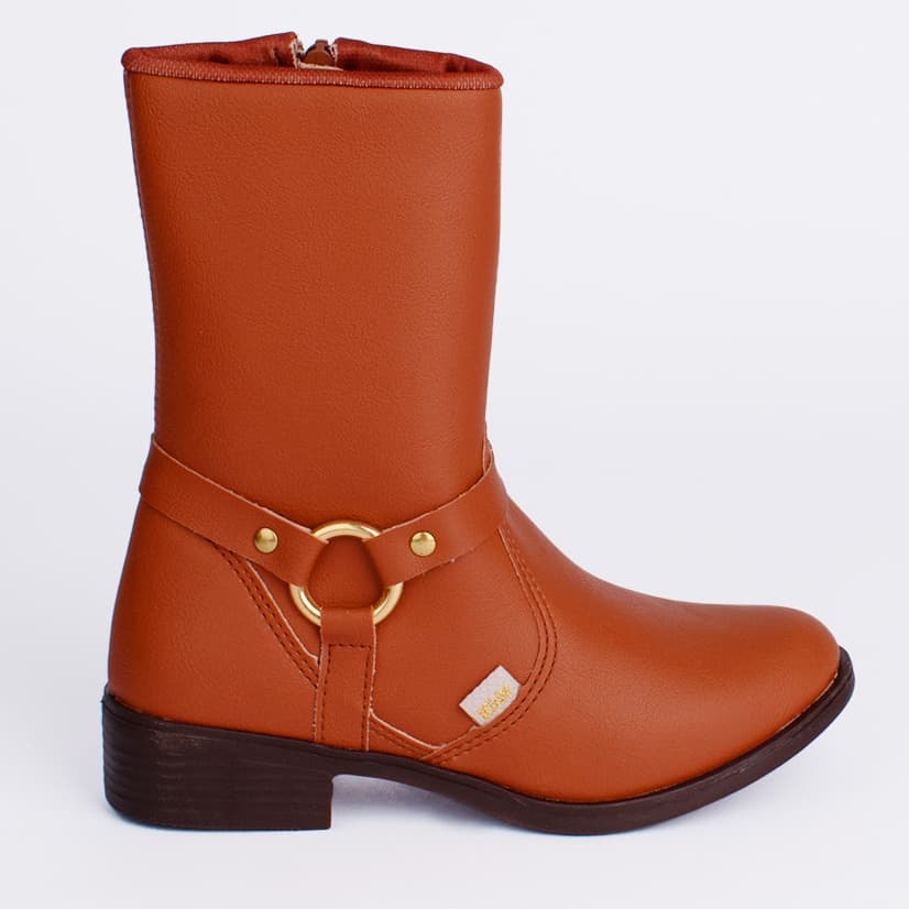 Bota Infantil Menina Kidy Montaria Canela Anatômica Elegante Cano Médio Argola Antiderrapante