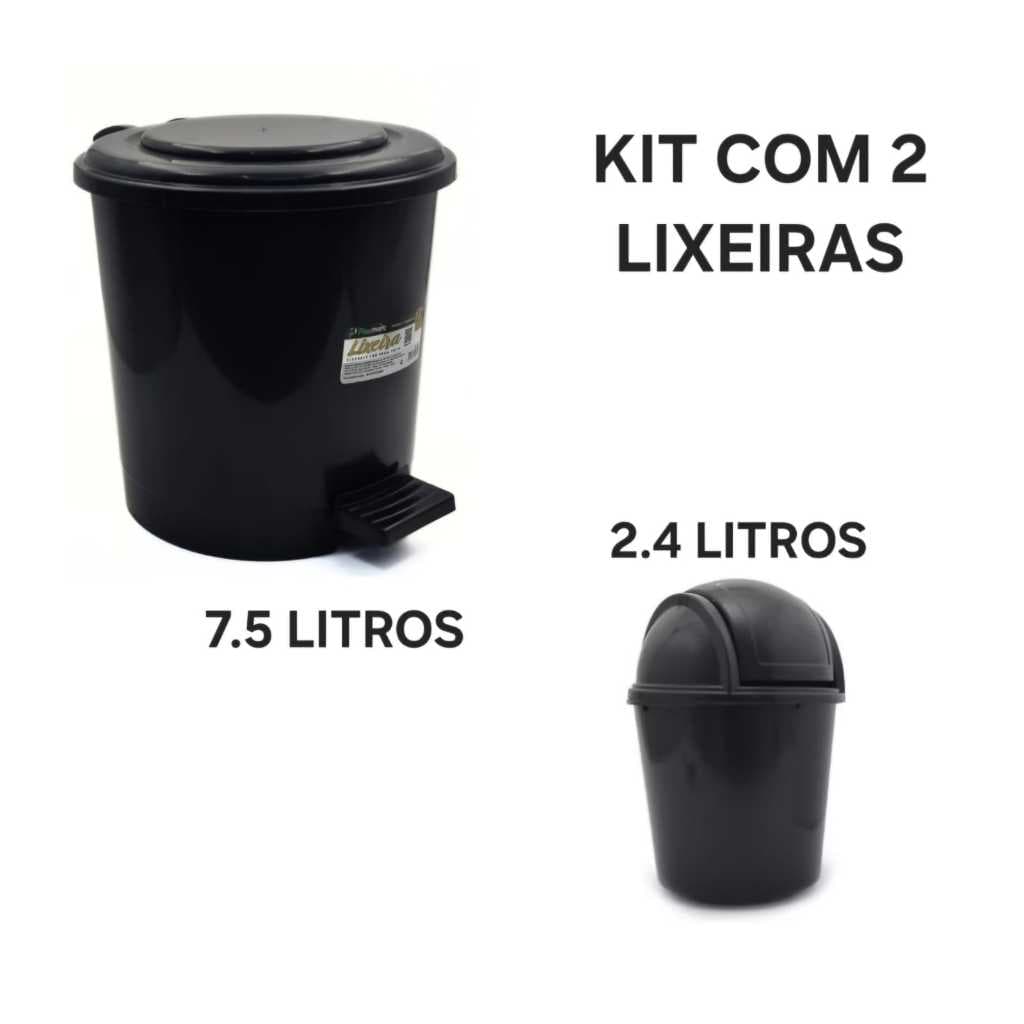 Kit Com 2 Lixeiras 1 Lixeira Redonda Pedal 7,5 Litros + 1  Lixeira Basculante 2,4 Litros Pia Cozinha  Limpeza  Higiene