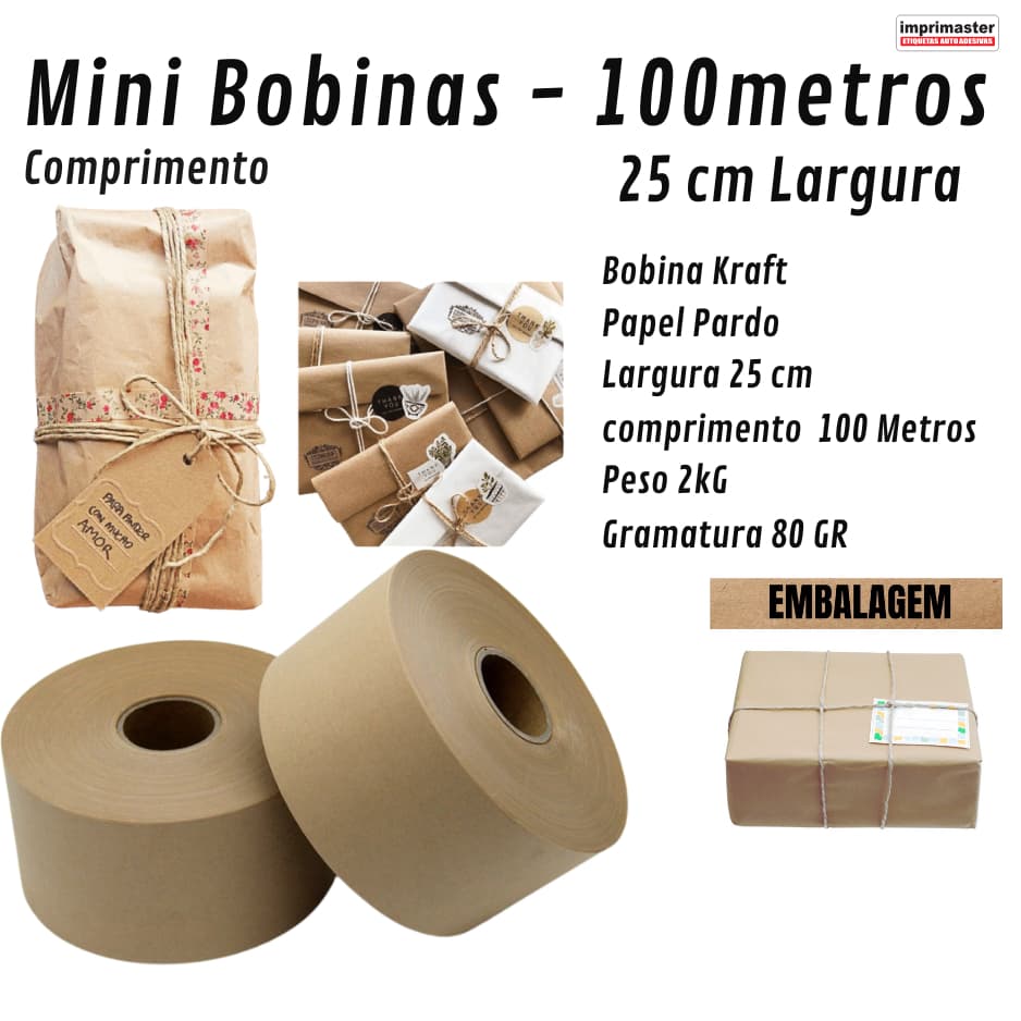 Mini Bobina de Papel Kraft Natural 25 Cm X 100 Metros - 80 Gramas c/ 2KG