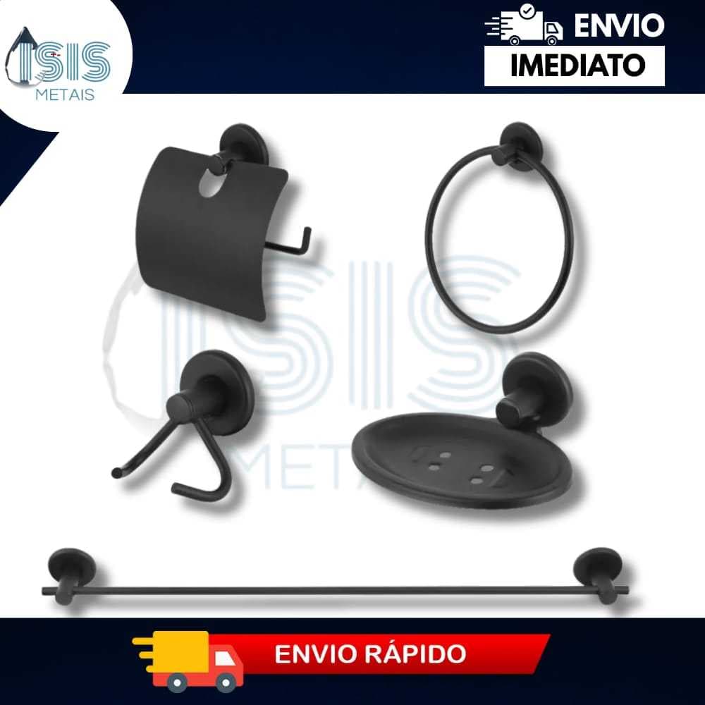 KIT STANDER PRETO FOSCO 5 PEÇAS PARA BANHEIRO ARGOLA SABONETEIRA PAPELEIRA CABIDE DUPLO VARÃO