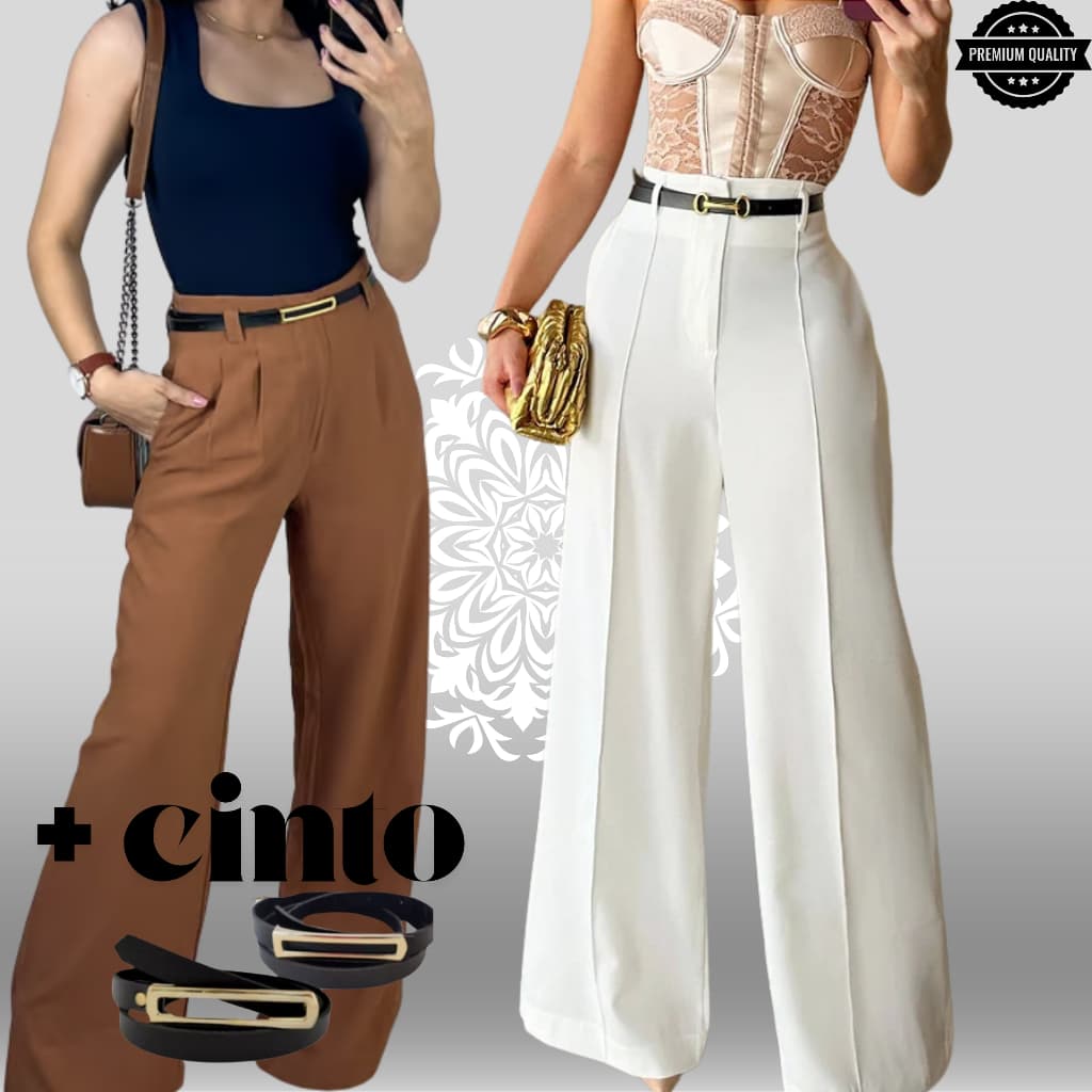 KIT 2 peças Pantalona alfaiataria branco Casual Chic Com Cinto Para o Dia a Dia e Noite