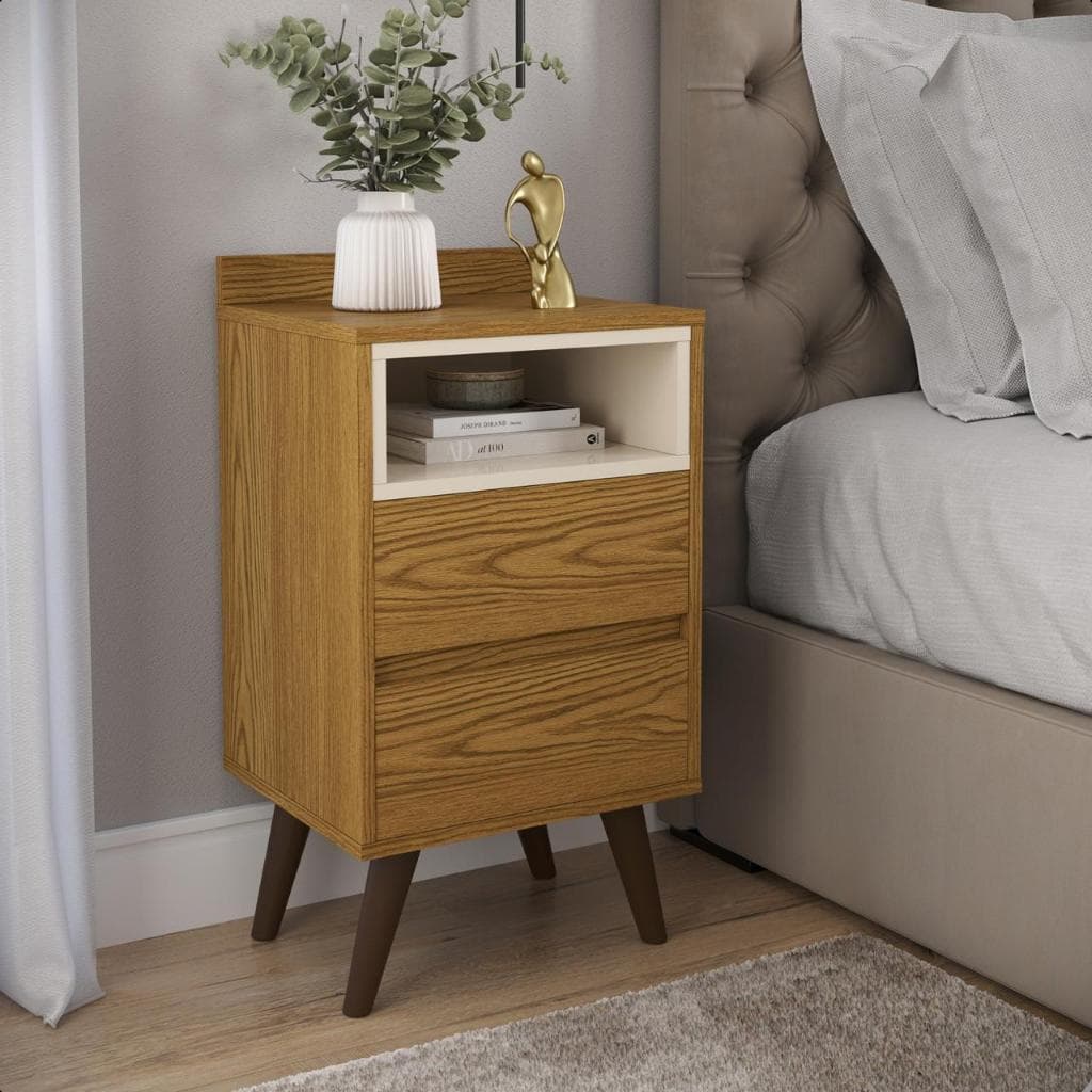 Mesa de Cabeceira Quarto Apoio Lateral Cama Casal Estilo Decoração Retrô Álamo 2 Gavetas