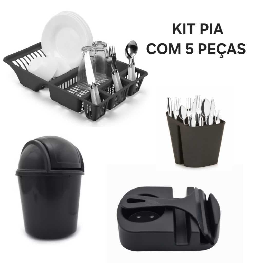 Kit Cozinha 5 Pecas 1 Escorredor Louça + Rodinho + Escorredor Divisoria + Lixeira Pia 2,4 Litros  + Porta Detergente