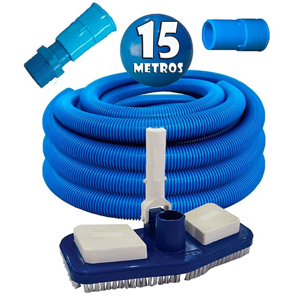 Mangueira para piscina flexivel e flutuante com 15 metros + Rodo Aspirador  + ponteiras e adaptador