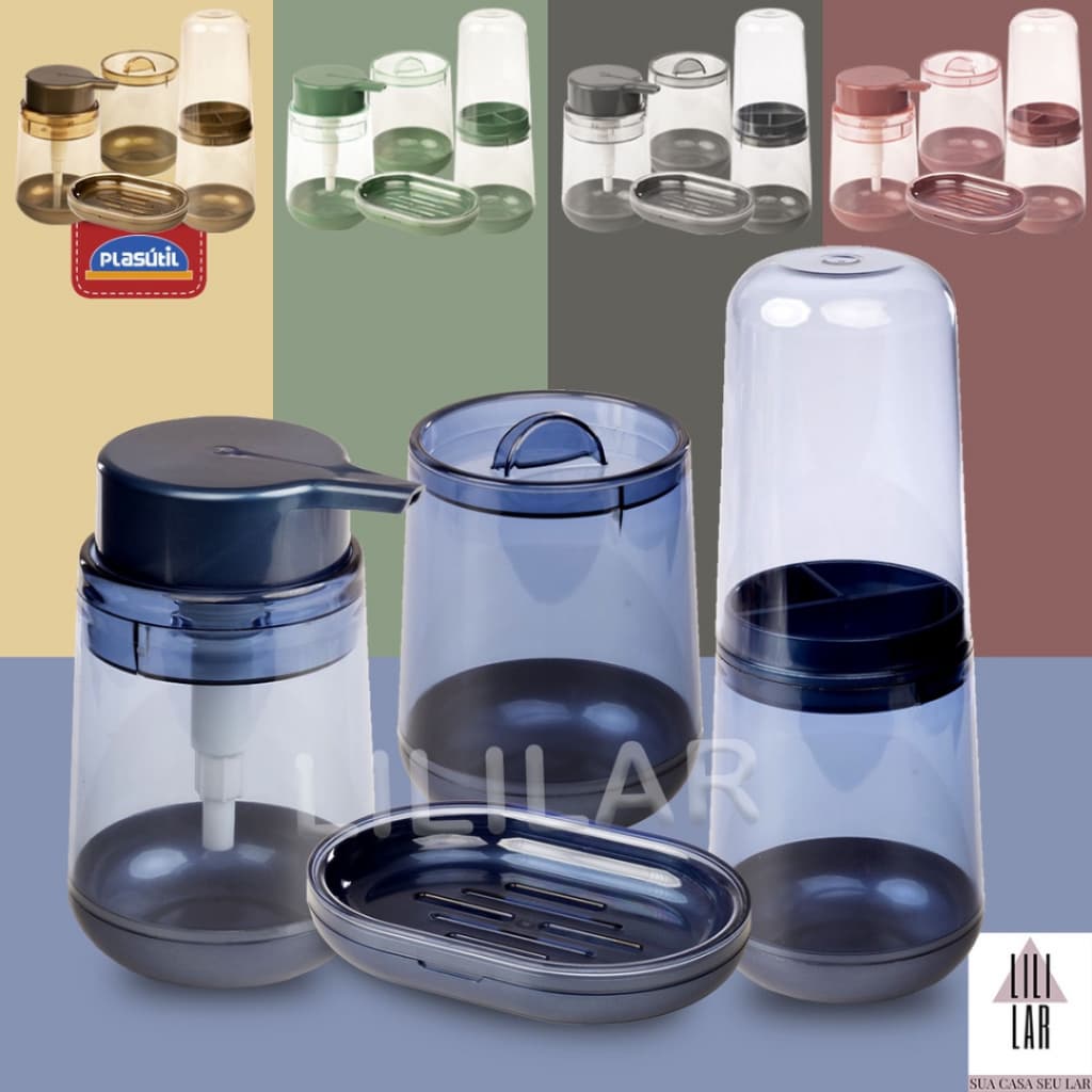 Kit 3 Peças Conjunto para Banheiro Sabonete Liquido Porta Algodão e Escova Bold Plasútil