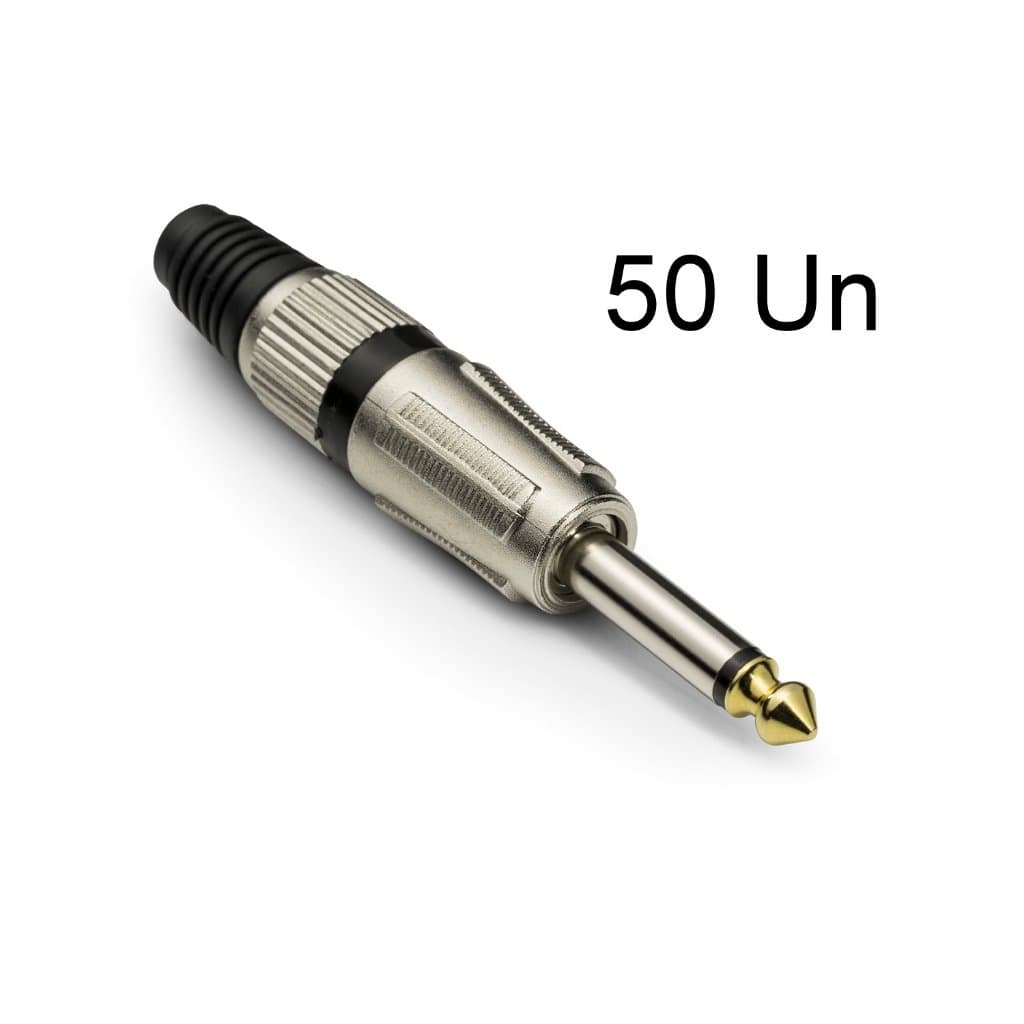 kit 50 Conector P10 Mono Metal Prata - Linha Profissional
