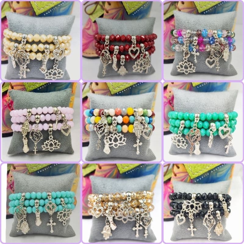 Kit com 3 Pulseiras de Cristal – Pingentes de Proteção Prateados