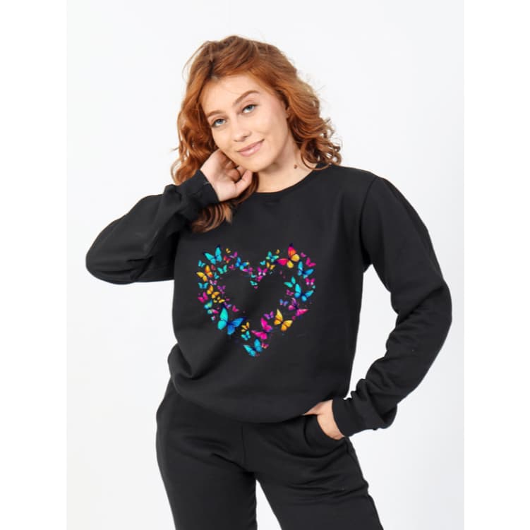 Blusa Moletom Flanelada Preta Gola Careca Coração Colorido Estilosa Delicada e Atemporal