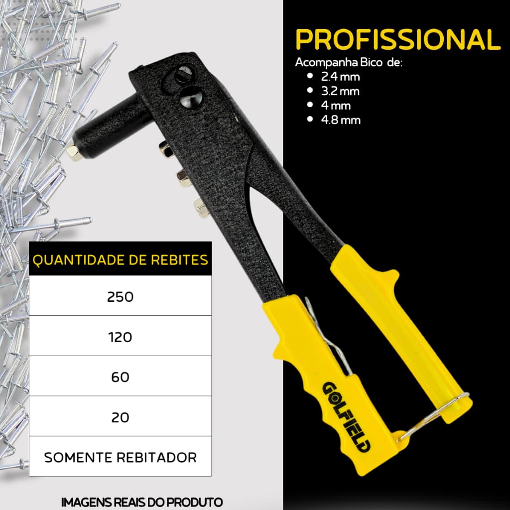 Kit Rebitadeira Profissional + Rebite, Alicate Rebitador Manual 10 POL PROFIELD - 4 Furos, Chave