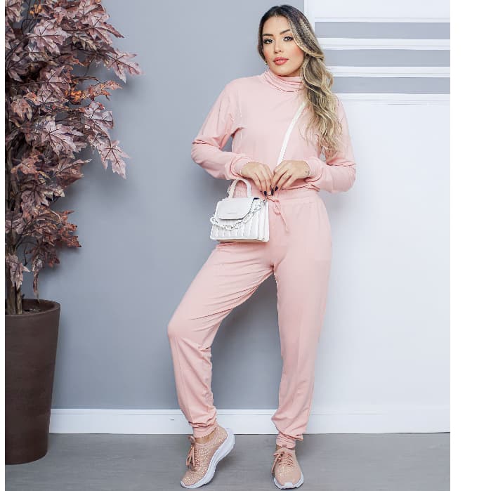CONJUNTO FEMININO OUTONO/INVERNO CASUAL E CONFORTÁVEL COM GOLA E CINTURA ALTA EM MOLETINHO