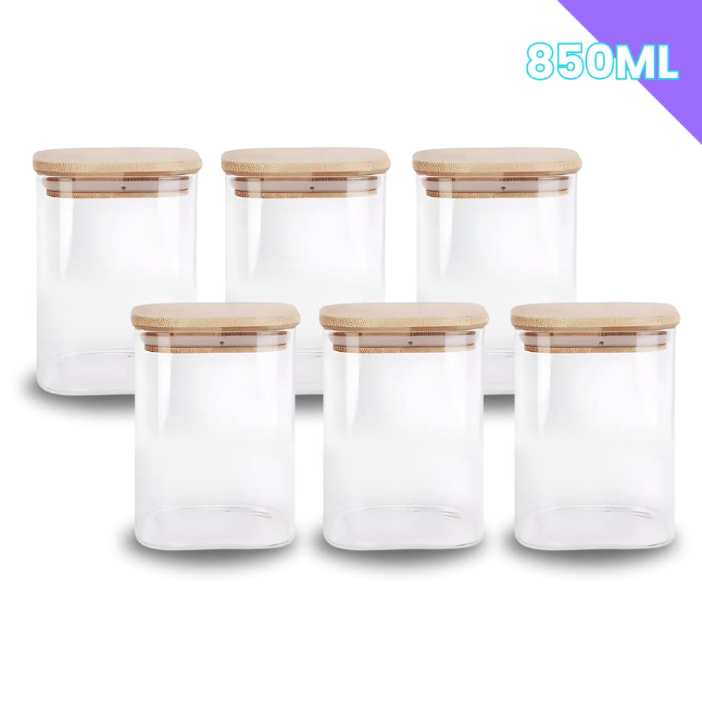 Porta Mantimento De Vidro Herméticos Kit Com 6 Tampa De Bambu 850ML