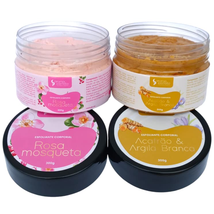 Kit Esfoliante Corporal 1 Açafrão com argila branca e 1 Rosa Mosqueta 300g cada para uma pele macia