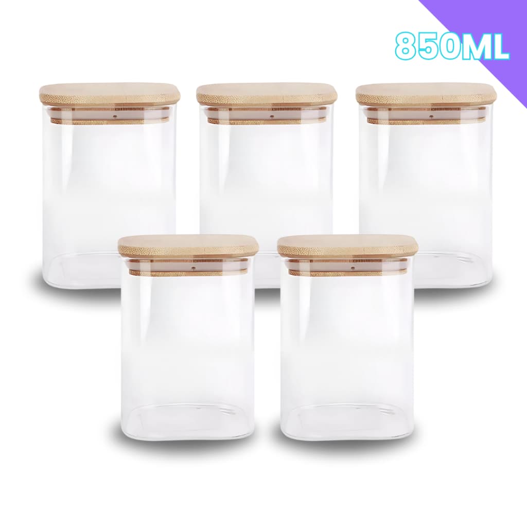 Porta Mantimento De Vidro Herméticos Kit Com 5 Tampa De Bambu 850ML