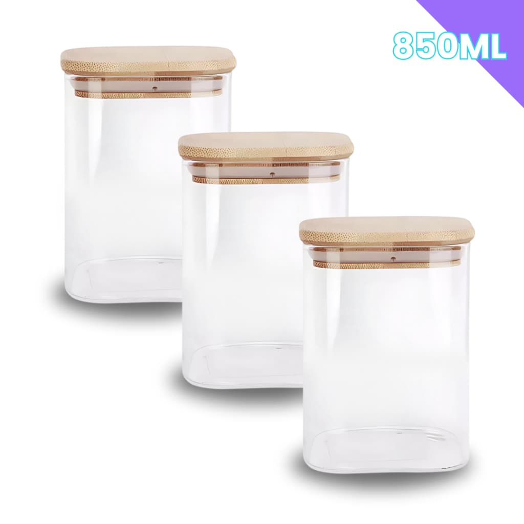 Porta Mantimento De Vidro Herméticos Kit Com 3 Tampa De Bambu 850ML