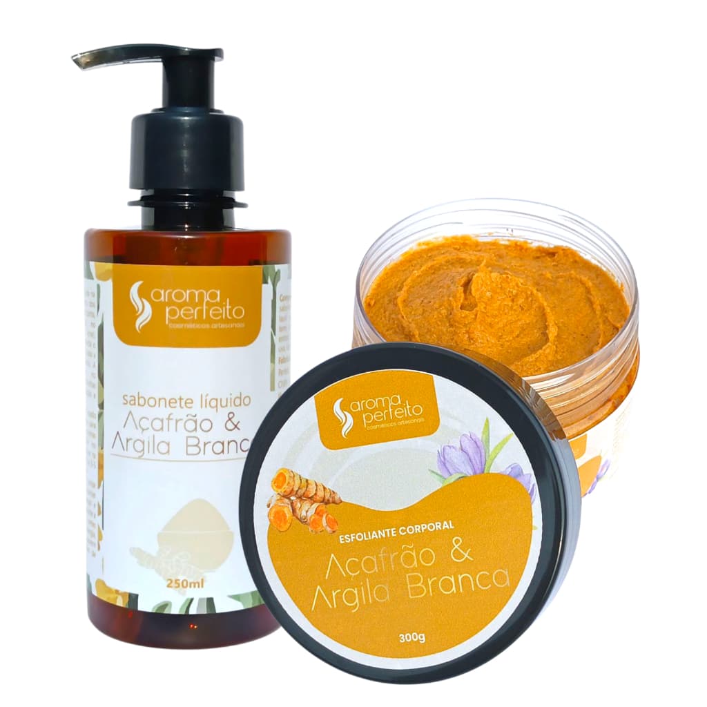 Kit Esfoliante e Sabonete Liquido de Açafrão e Argila Branca Para Corpo e Rosto