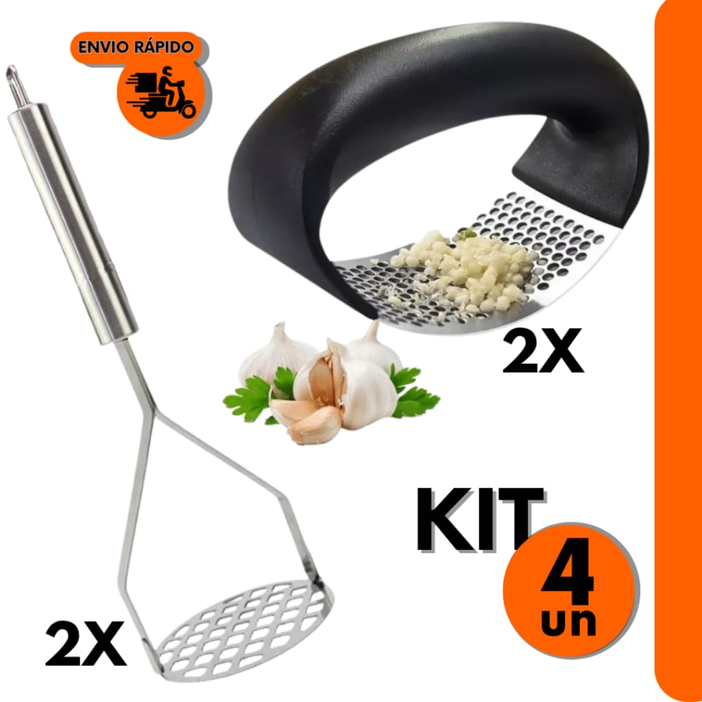 Combo 4 Peças ; 2 Espremedor de Alho com 2 Amassador de Batatas e Feijão, Ambos de aço Inox