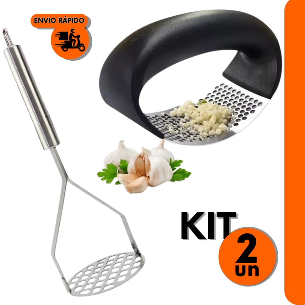 Kit 2 Peças ; Espremedor de Alho com Amassador de Batatas e Feijão, Ambos de aço Inox