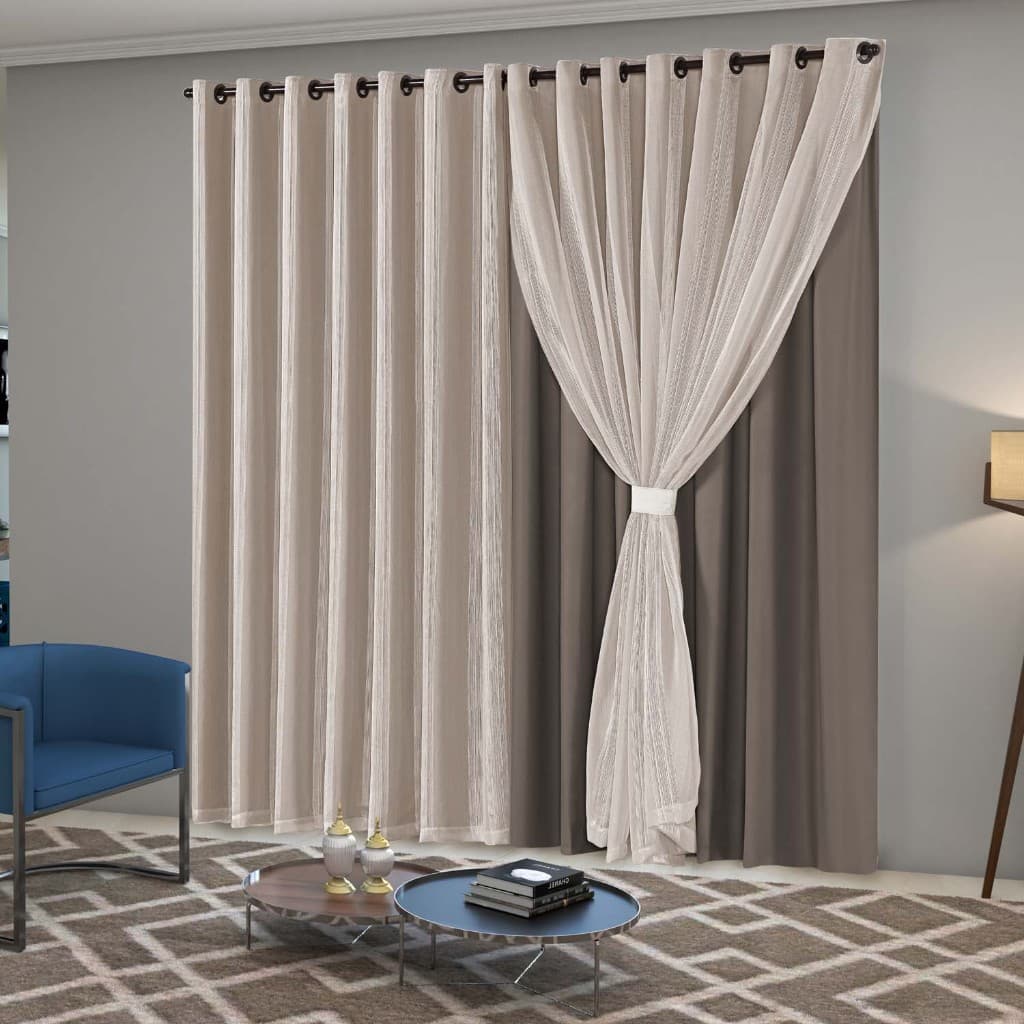 Cortina Sala Quarto Blecaute 2,80x2,60m Linho Bordado Forro PVC Blackout Inovi com Abraçadeiras