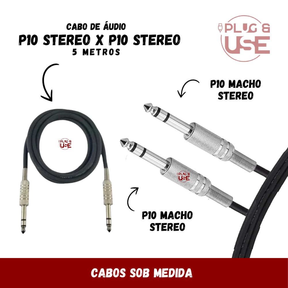 Cabo P10 Stereo X P10 Stereo 5 Metros - Balanceado - Niquel