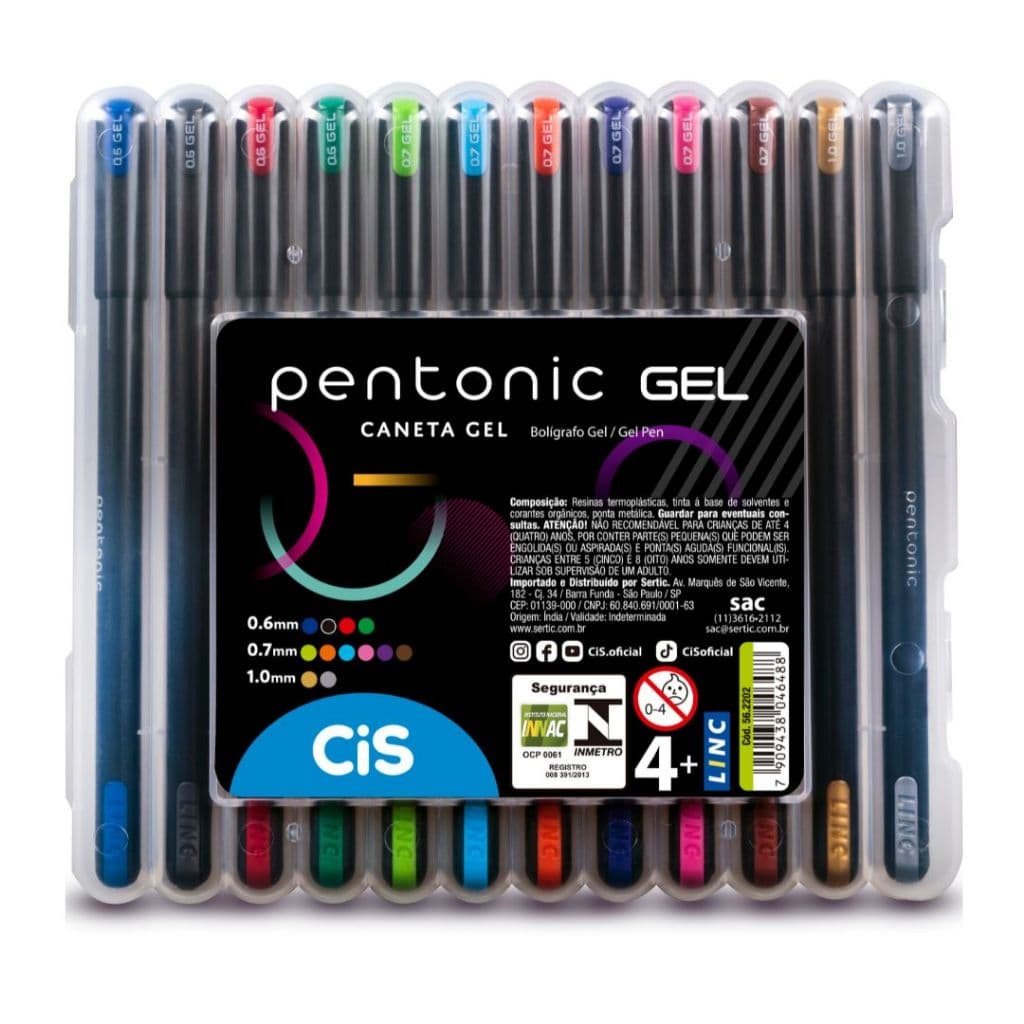 Caneta Gel Pentonic Cis estojo c/12 cores ponta fina kit de canetas coloridas