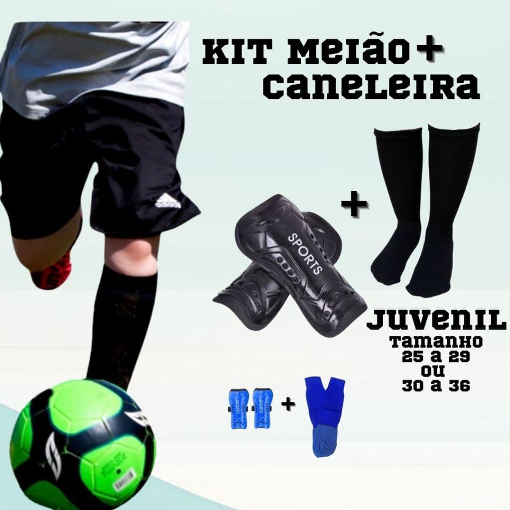 Kit Caneleira Futebol + Meião Juvenil Infantil Esportivo Treino Escola Proteção Tamanho 25 ao 36