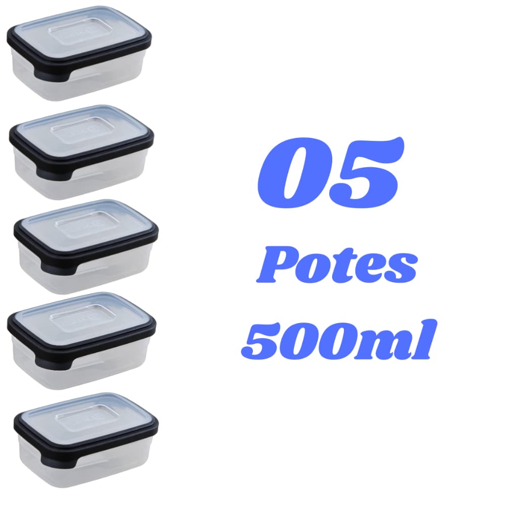 Conjunto 5 Potinhos Transparente 500ml Marmita Com Tampa Varias Cores BPA FREE
