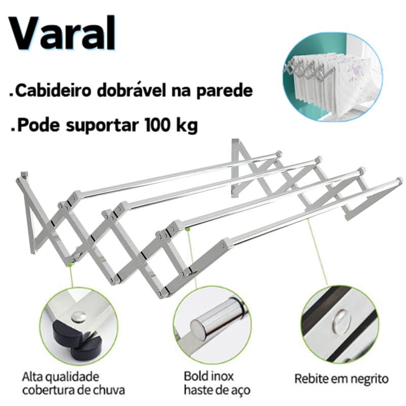 Varal Sanfonado Parede Aço inoxidável Retrátil Grande Compacto Pode suportar 100kg