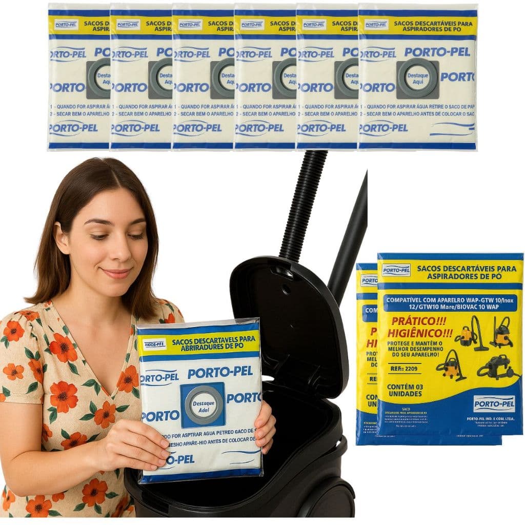 Kit 6 Sacos Aspirador de Pó Descartável Porto-Pel modelos WAP GTW 10 GTW INOX 12 GTW10 MARÉ BIOVAC 10 WAP  Ref 2209