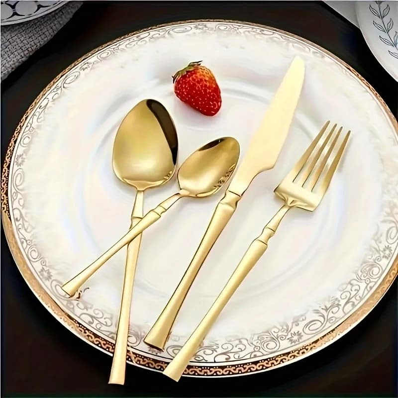 Conjunto de 24 Talheres de Aço Inoxidável Dourado Conjunto de Talheres Cintura Fina Dourado Série Deluxe
