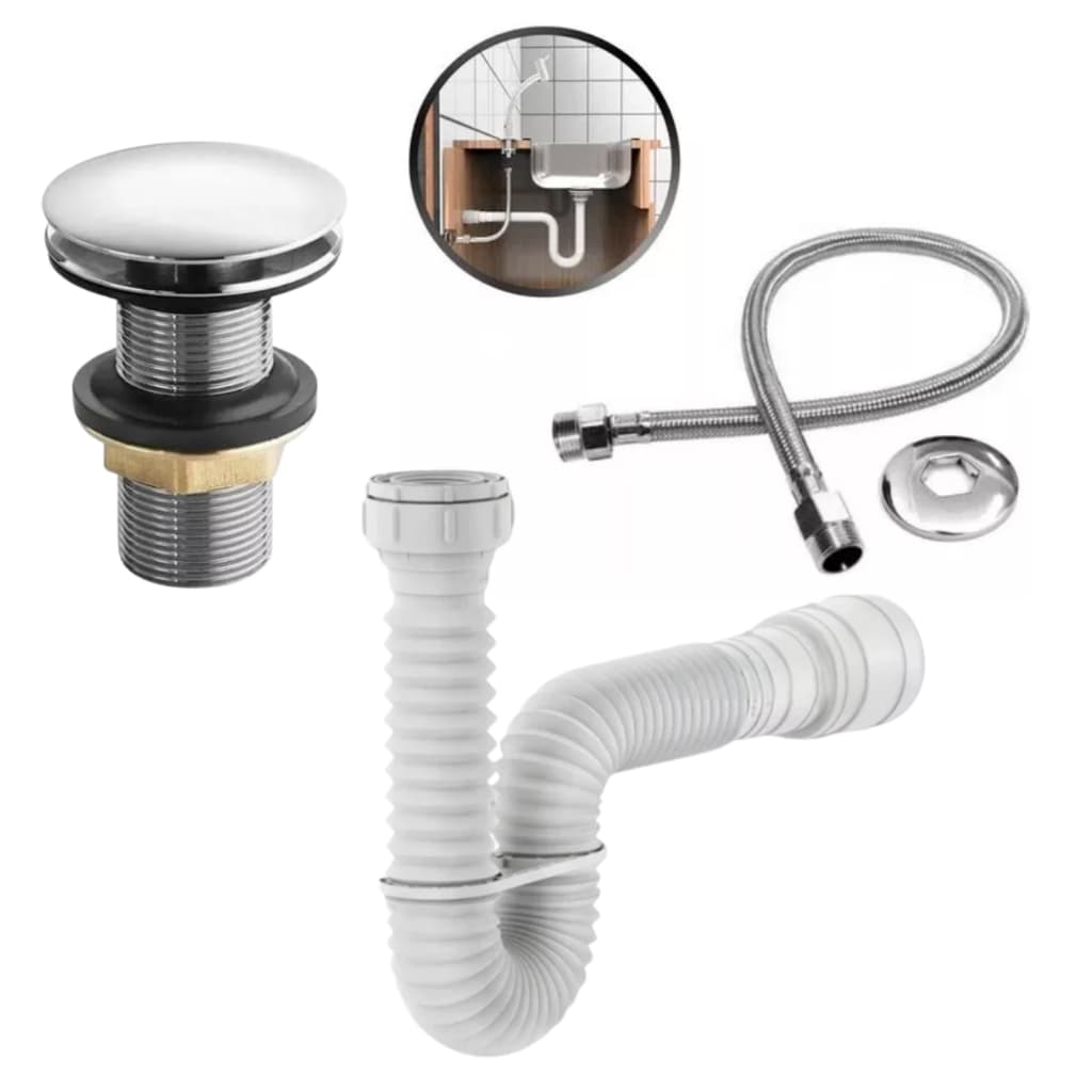 Kit Valvula Clic, Sifão, Engate Inox, Conjunto Para Banheiro, Valvula, Sifão e Engate