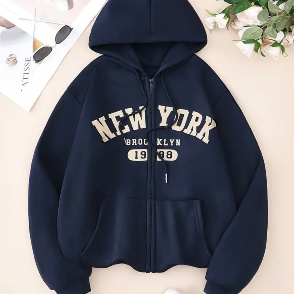 Moletom Ziper Bolsos New Brooklyn Tendência Inverno Forrado Quentinho Inverno Unissex Streetwear