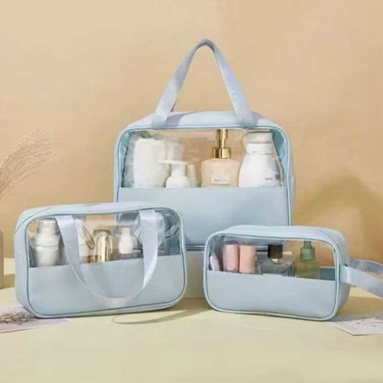 Kit 3 Necessaires Transparentes para Viagem - Organize Cosméticos e Produtos de Higiene Pessoal