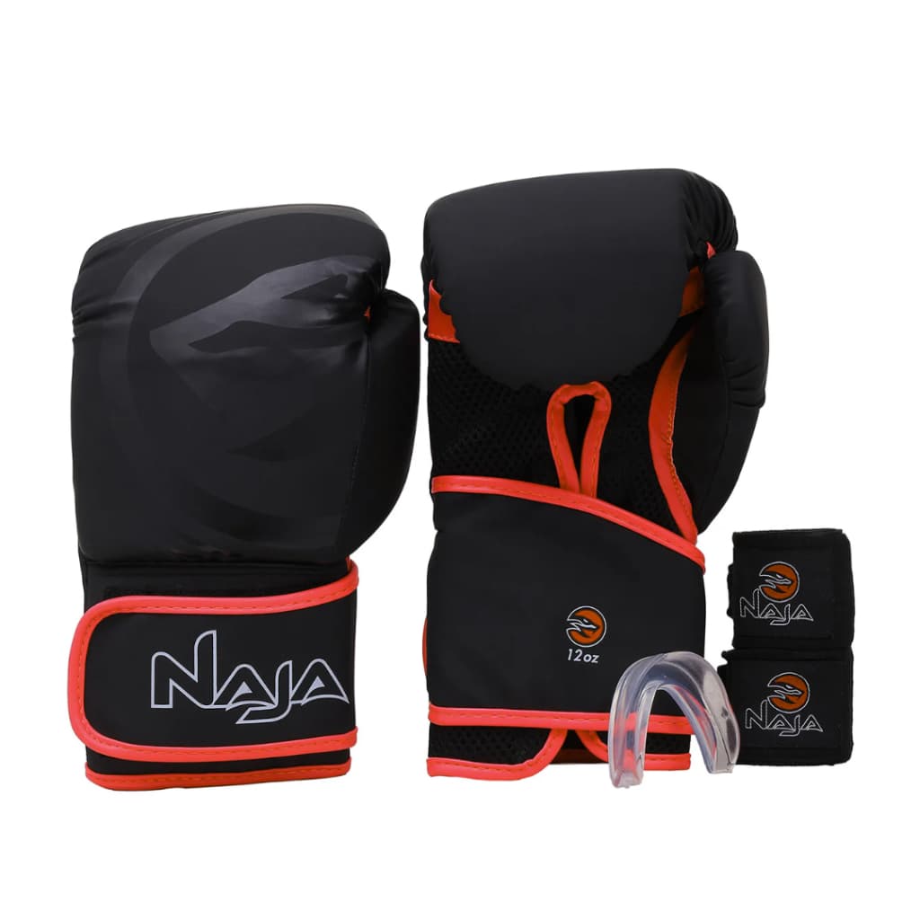 KIT Luva Boxe Black + Bandagem + Bucal +  Bag - Naja
