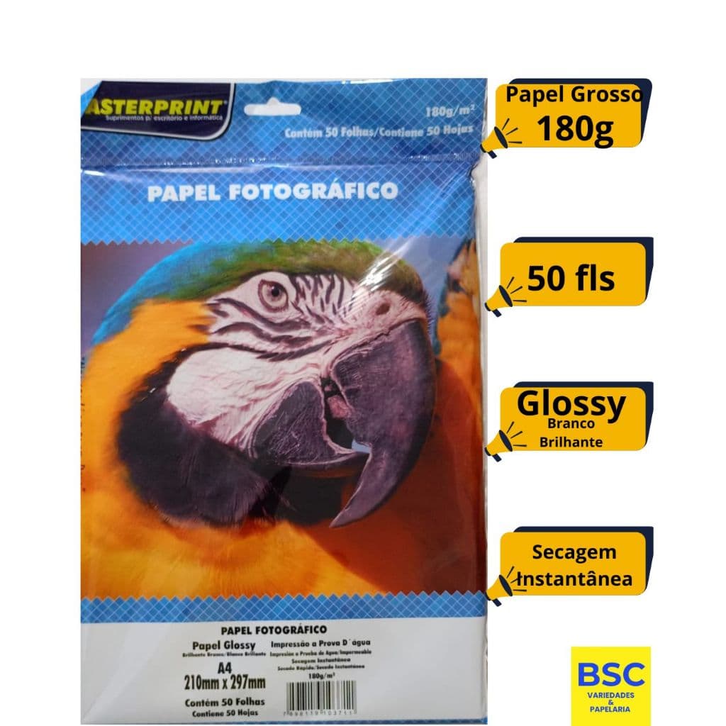 Papel Fotográfico A4 Glossy 180g Masterprint Branco Brilhante 50 Folhas | Papel para Impressora Inkjet Alta Resolução