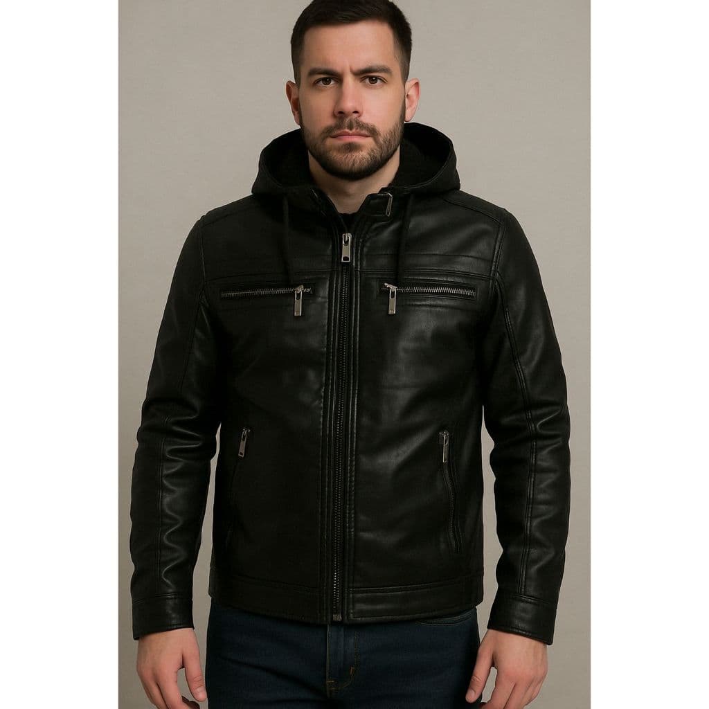 Jaqueta Couro Masculina Slim Forrada Com Capuz Removivel