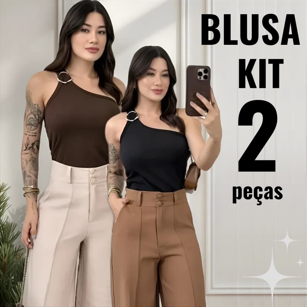 Kit 2 Blusa Feminina Estilosa Manga Mula Fivela Dourada Elegante Casual Básica P-M-G-GG