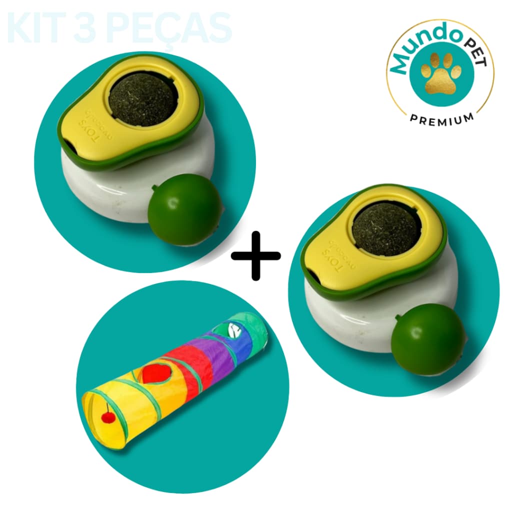 Kit 3 Brinquedos Interativos Túnel Para Gato Reto + 2 Abacates Com Catnip Erva para Gato